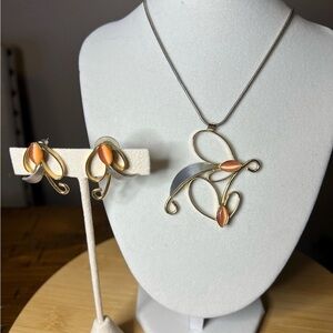 Mixed Metal Modernist Necklace & Earrings Set Atomic Style Statement